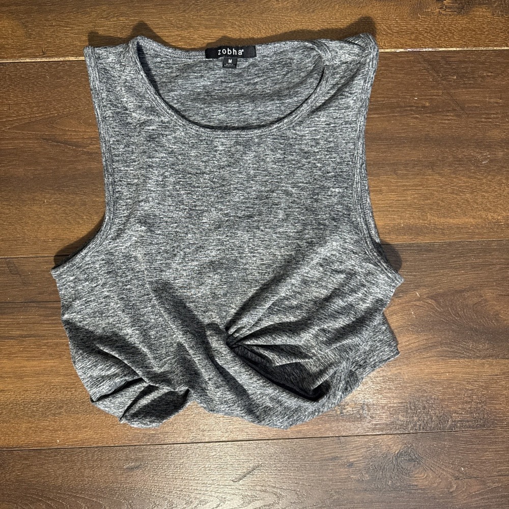 Zobha Crop Tank Top Women's Medium Gray Front Twist‎ Muscle Stretch Athletic Tee